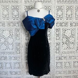 Vintage Late Edition 80's/90's Royal Blue & Black Velvet Off The Shoulder Dress